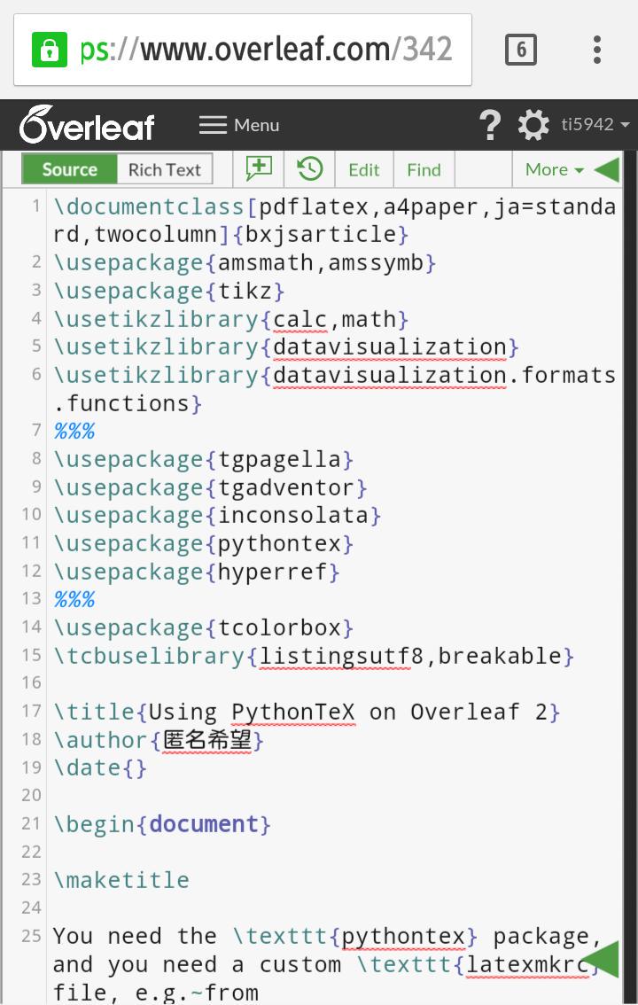 ti5942's tweet image. まだ途中だが、忘れないうちに公開しておこう
overleaf.com/read/kvgffmmdy…
注意
#pythontex と #tcolorbox を併用した場合、ロード順を逆にするとエラー
#Overleaf