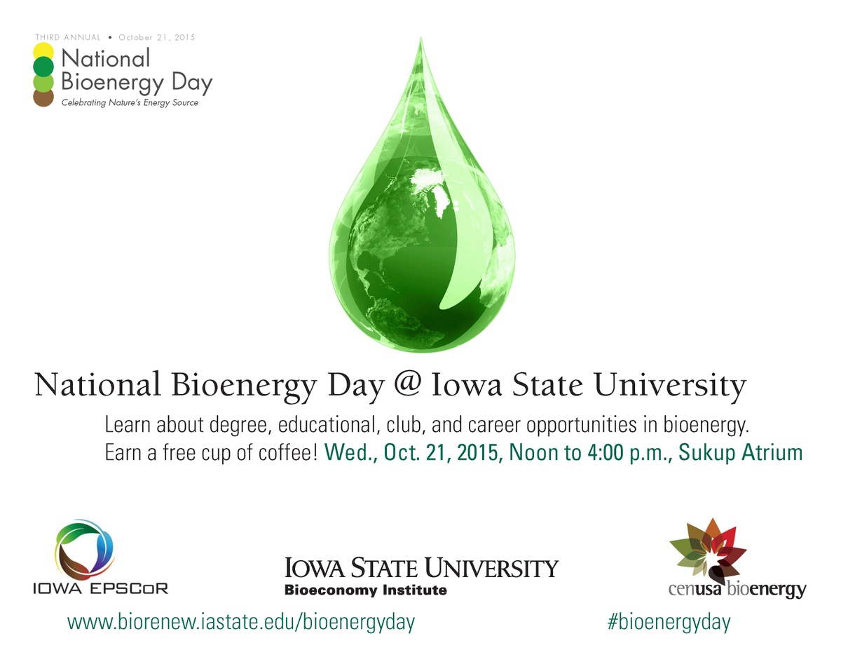 NSF_CBiRC's tweet photo. Help us celebrate National Bioenergy Day October 21 in the Sukup Atrium! Learn about career opportunities and more! http://t.co/Vf1GcSPfBH