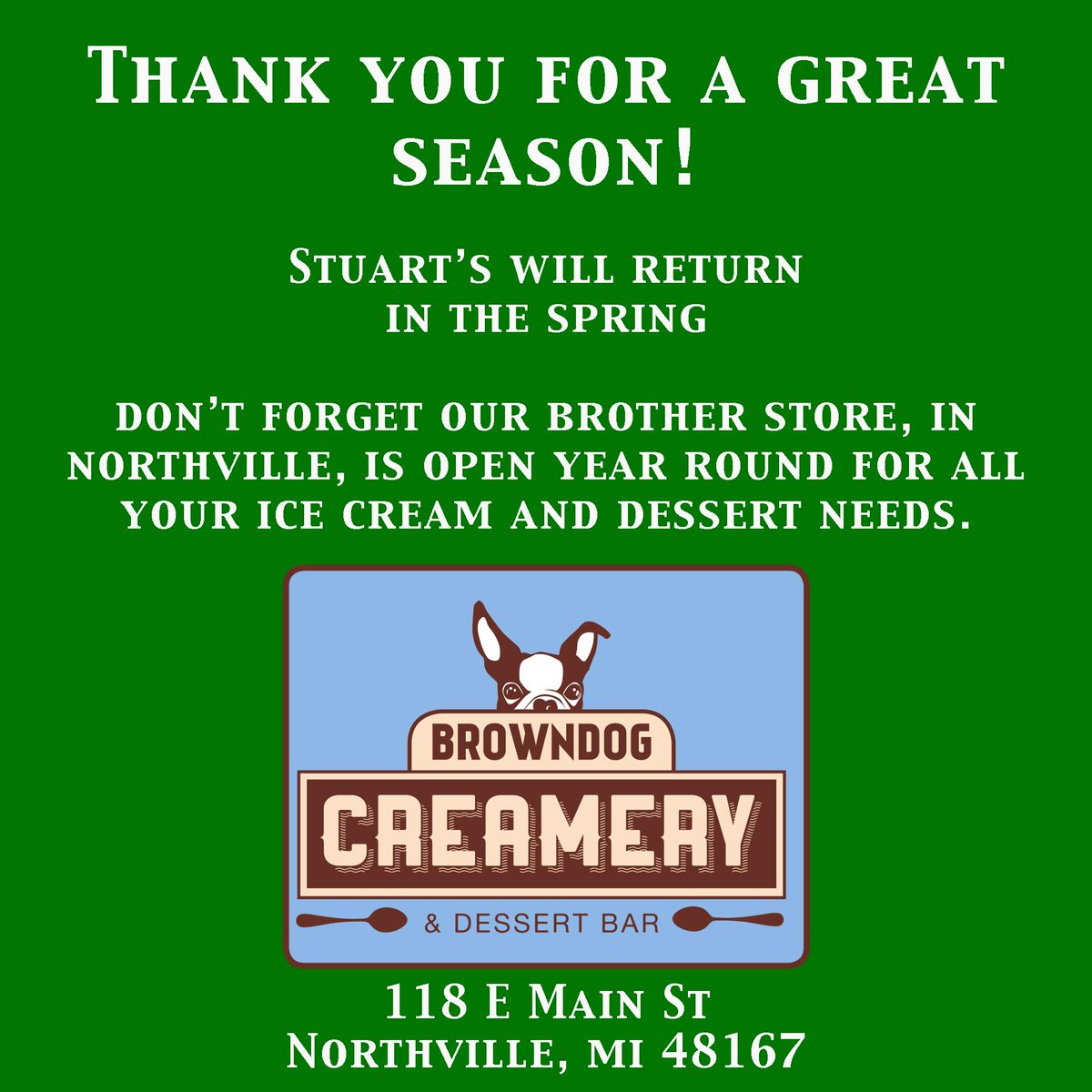 StuartsofNovi's tweet image. Thank you to everyone who supported us over the season. Our brother store browndogcreamery.com open year round.