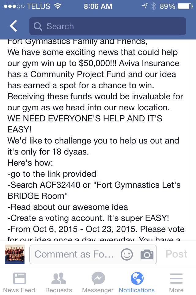 Fortgymnastics's tweet photo. Have you voted for our idea daily?We need your support!#fortsaskrec @Mix1079FortSask @FortSaskRec @FortSaskRecord http://t.co/rL1QcZuHke