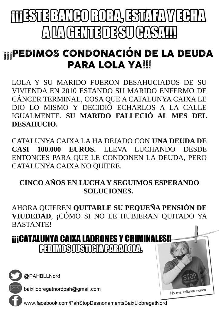 pahcollbato's tweet photo. Pedimos a #CatalunyaCaixa condone deuda #TodaSomosLola ya http://t.co/C8to7M4KYD