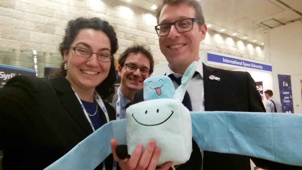 DazzleInSpace's tweet photo. Little Rosetta and Philae with the plush creator! #IAC2015 #ESA http://t.co/kwtXZt8PAm