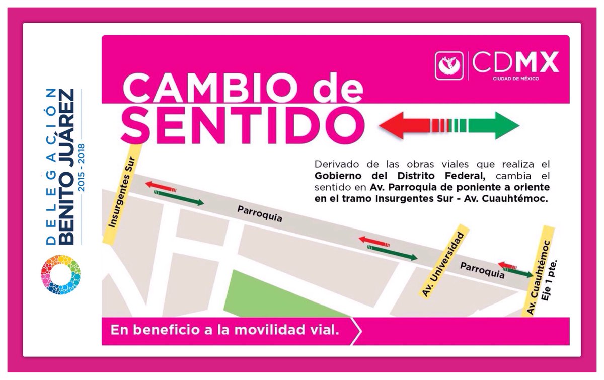 BJAlcaldia's tweet image. #AlertaVial la calle Parroquia cambia sentido PTE-OTE desde Av Cuauhtémoc hasta Av Insurgentes vía @072AvialCDMX