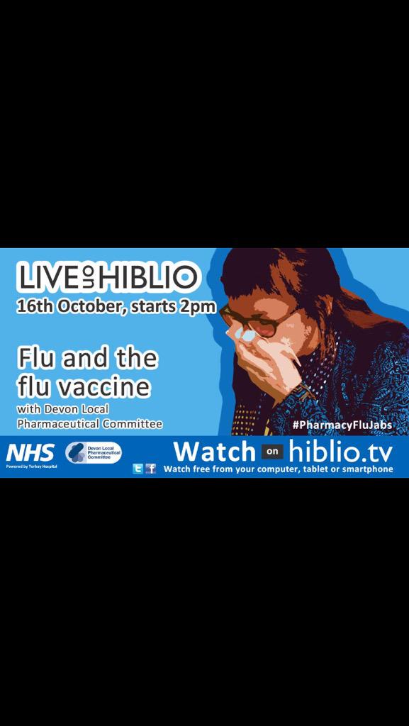 Rosieanntaylor's tweet photo. #PharmacyHour Don't miss @mcsstone @Dbearman1 from @DevonLPC talking #pharmacyflujabs on @hiblio Friday at 2pm http://t.co/Yz0rkDAMAi