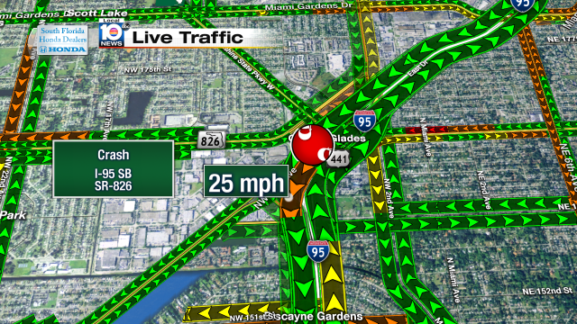 Crash on I-95 SB at SR-826. Speeds at 25mph #traffic #miami @JeniseFernandez http://t.co/BJvUHOA9nf