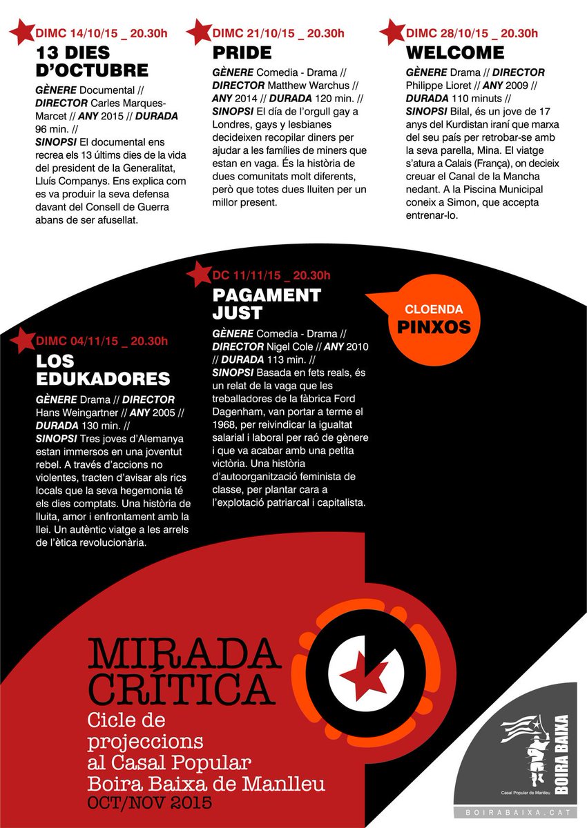 Aquesta tardor torna el cicle de projeccions 'Mirada crítica' al Casal! Comencem dimecres, no hi faltis! #Manlleu