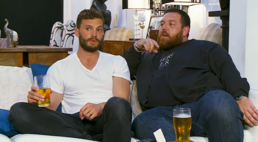 OK_Magazine's tweet photo. Wishing we were sat next to @JamieDornan on #Gogglebox right now #goals http://t.co/F8UkocEUKi