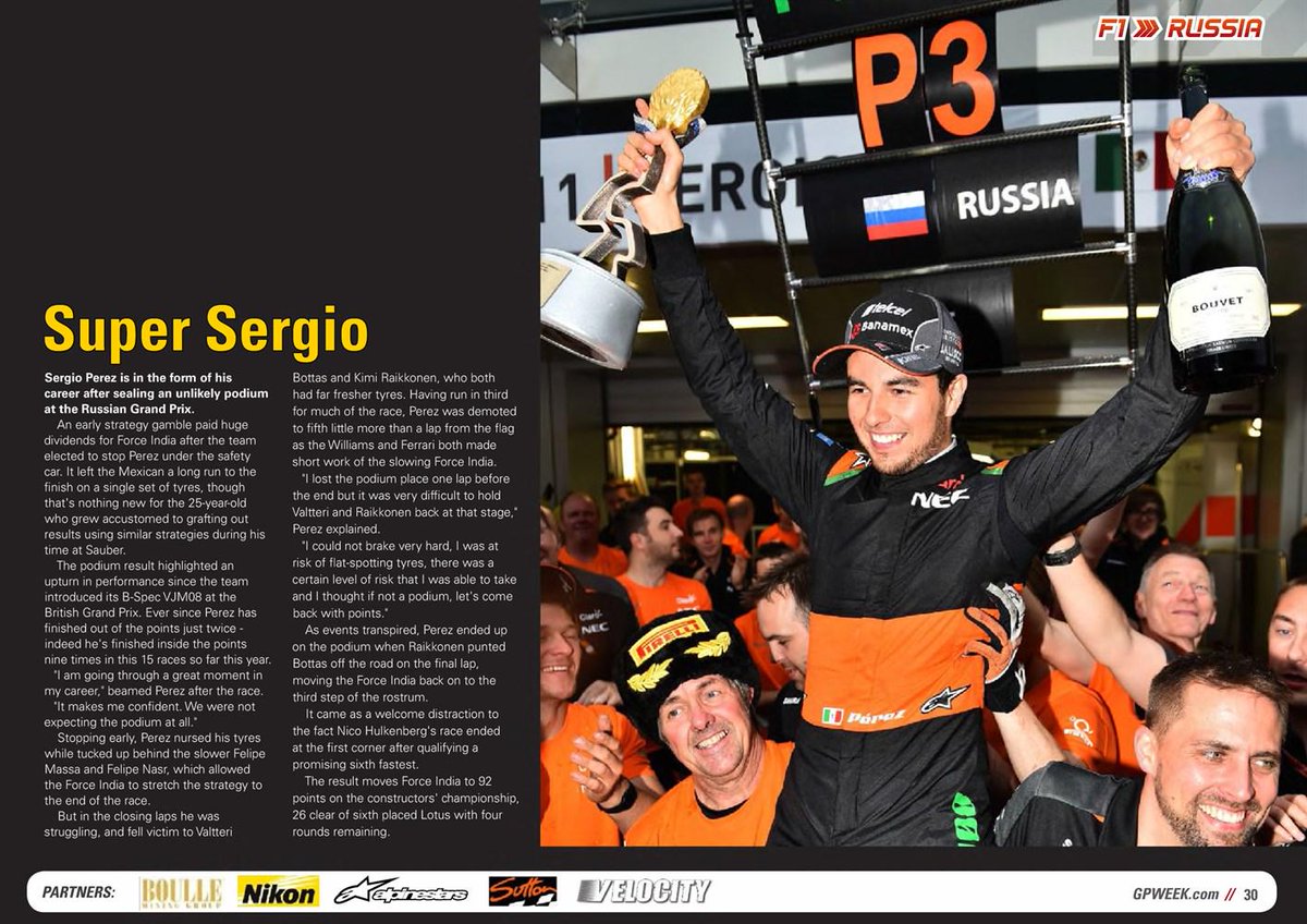 F1SergioNez's tweet image. Para los amigos mexicanos, la nota de @GPweek sobre el 3º puesto de Pérez en el #RussianGP. mag.gpweek.com/#folio=30