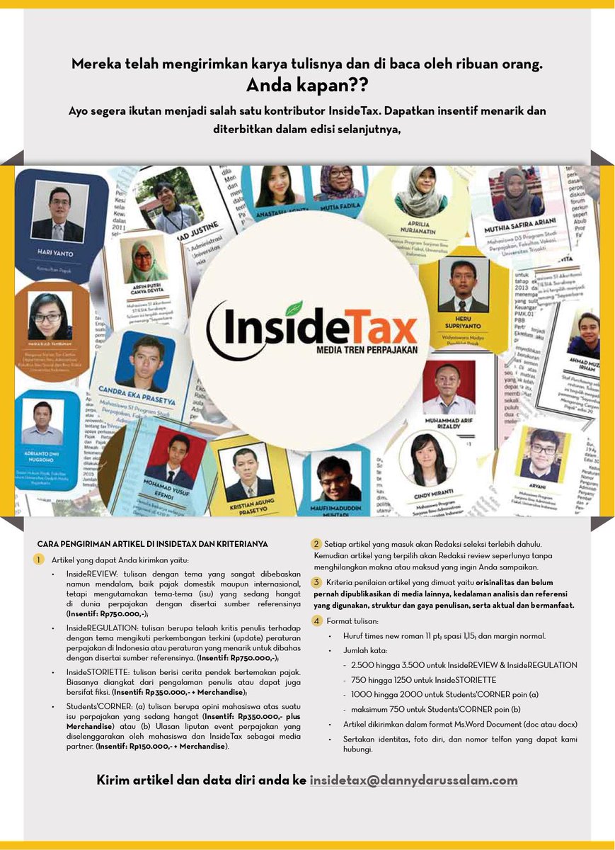 DDTCIndonesia's tweet photo. Ayo jadi kontributor Majalah #InsideTax!
Kirim karya tulisan anda & dapatkan uang tunai serta merchandise menarik! http://t.co/SSHZqUzWy8