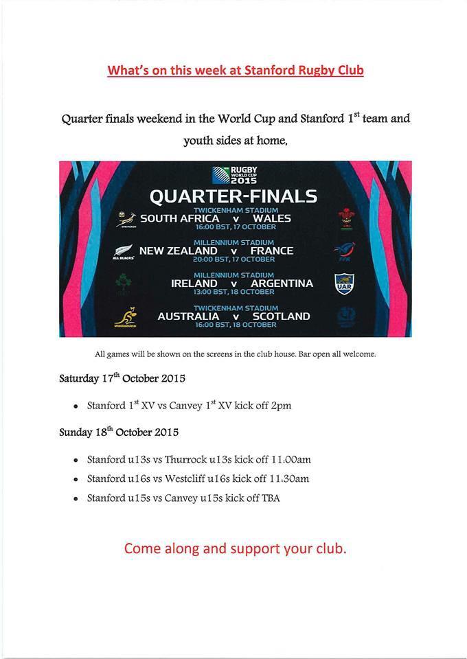 1st XV at Home to <a href="/cirufc/">Canvey Island RUFC</a> 1s, and the RWC 1/4 finals on the telly on Saturday. Plus several youth matches on Sunday.