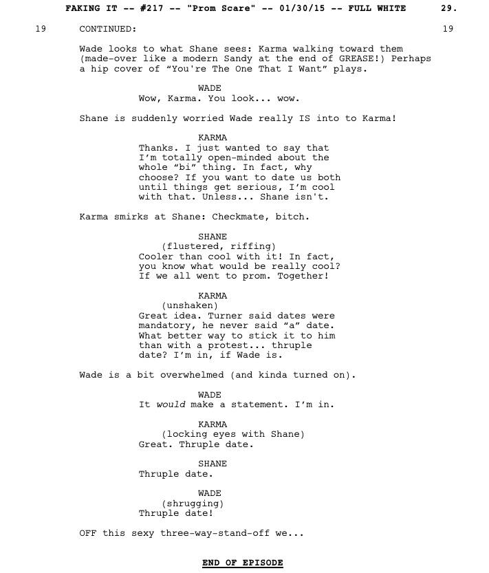 FakingItWriters's tweet photo. Sadly George's stage direction music suggestion was not taken. #FakingIt #scriptshots http://t.co/67XNDJC5bl