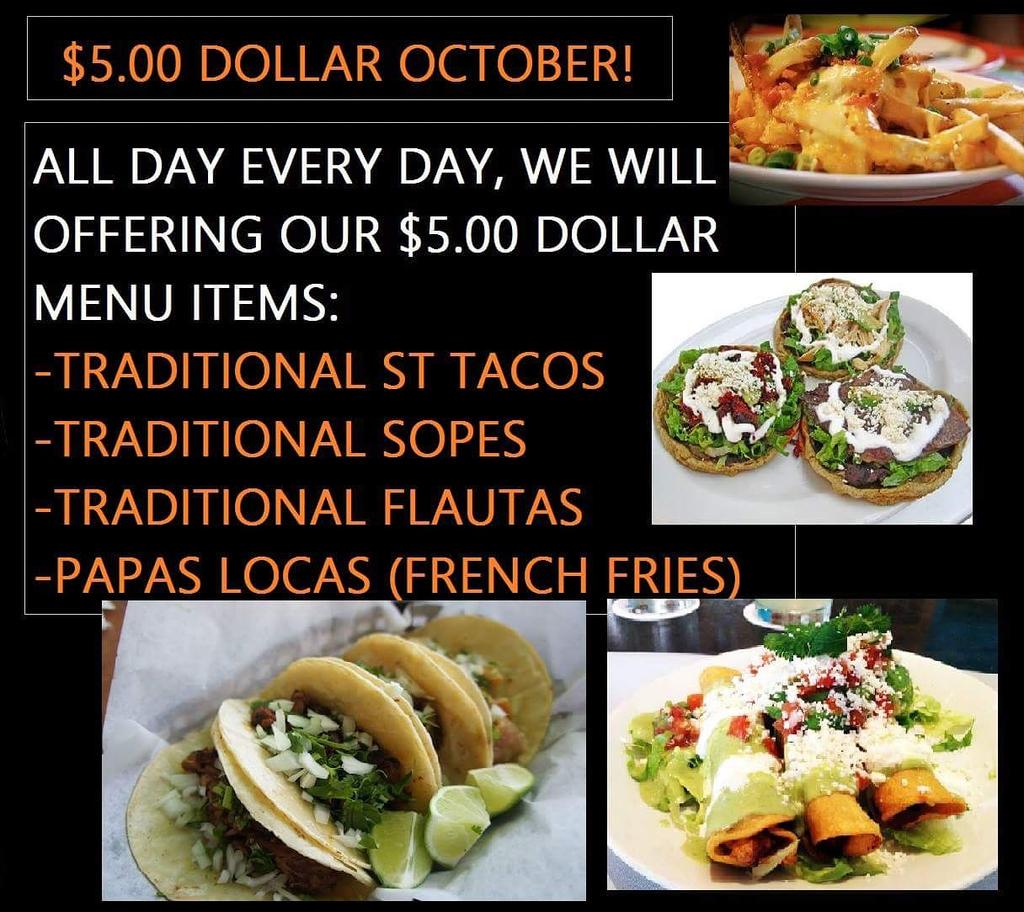 WE WILL BE OFFERING SELECTED TRADITIONAL MENU ITEMS FOR $5.00 DOLLARS ALL OCTOBER! #labluecasa
