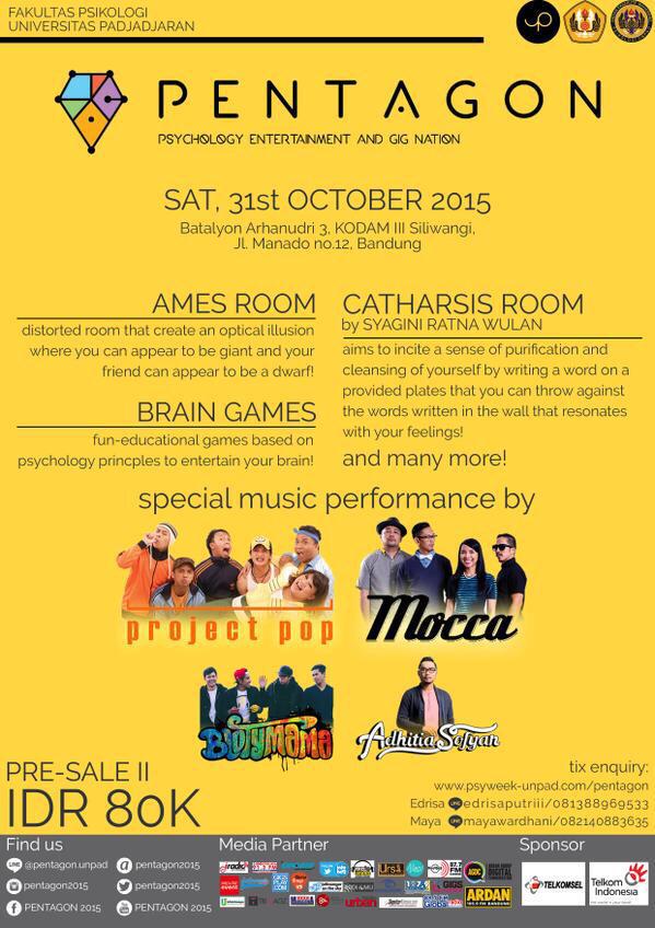 31 Okt: Brought to you by Fakultas Psikologi UNPAD <a href="/pentagon2015/">PENTAGON 2015</a> w/ <a href="/moccaofficial/">MOCCA</a> <a href="/projectpop/">project pop</a> <a href="/Blotymama/">BLOTYMAMA</a>