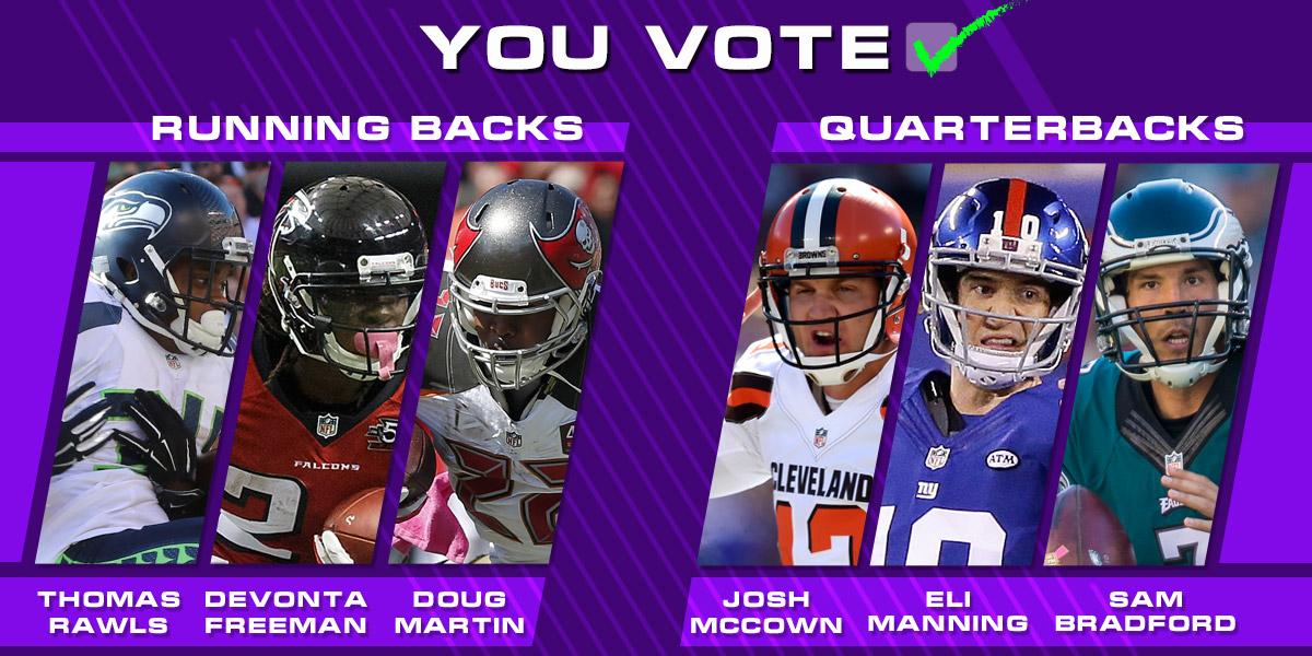 NFL's tweet image. AIR: McCown. Manning. Bradford.
GROUND: Rawls. Freeman. Martin.

The @FedEx PotW?
VOTE: on.nfl.com/1K5FHV9
