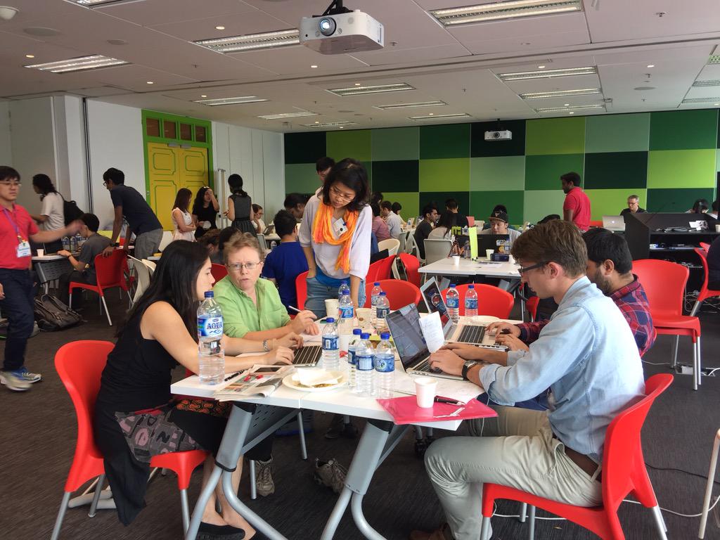 ONASingapore's tweet photo. Eleven teams are hacking their way through the haze at #hazehack15 #sghaze. One hour to judging. http://t.co/6poGOPpY5h