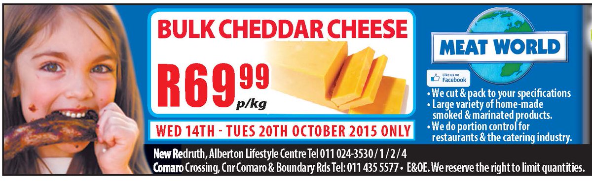 MeatWorldSouth's tweet photo. Our latest SPECIALS this Week-Bulk Cheddar Cheese R66.99 per Kg
SPECIALS COMMENCING WED 14TH-TUES 20TH OCTOBER 2015 http://t.co/TZBShDRxab