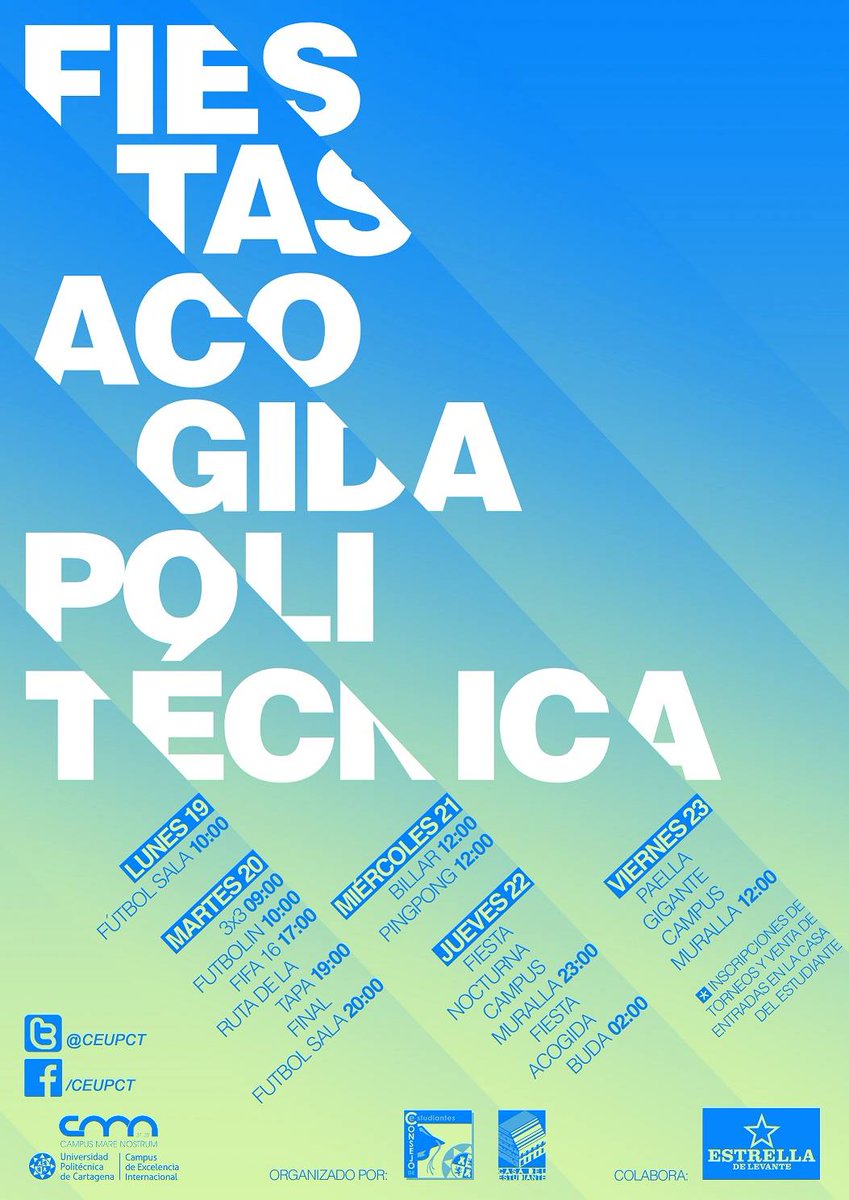 CEUPCT's tweet photo. Ya tenemos la PROGRAMACIÓN de #AcogidaUPCT! 19 al 23 de oct. Torneos, ruta, paella... @UPCTnoticias @BudaCartagena http://t.co/NrVREmSr8C