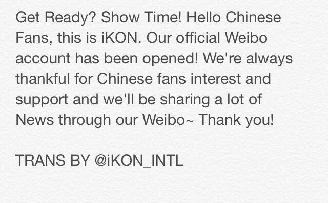 [TRANS] iKON's Official Weibo Account.