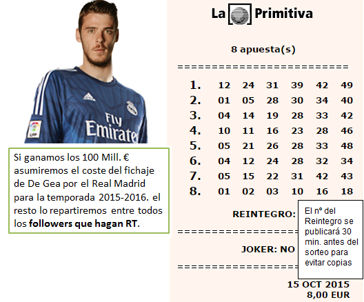 pyckio_es's tweet photo. 100 Mill.€ de @la_primitiva para q el Madrid fiche a De Gea;resto repartimos a Followers&amp;🇷️🇹️ http://t.co/oEikDQKNwf http://t.co/Dz3Zo5NodU