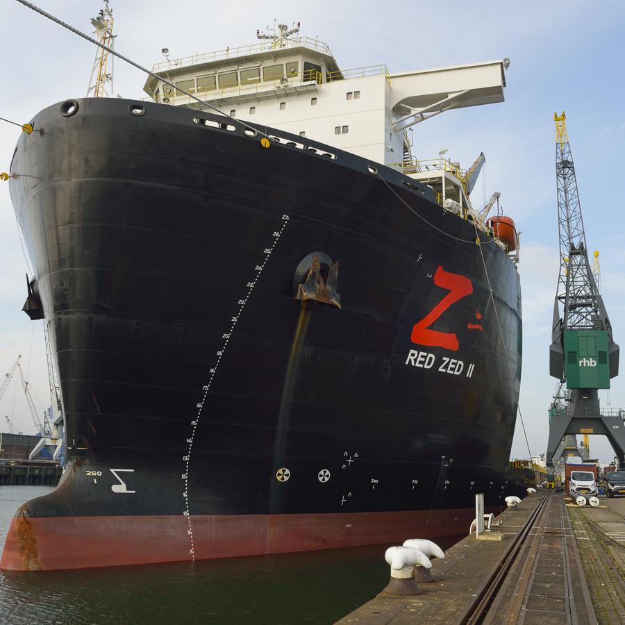 mv "red zed II" alongside our quay rhb stevedoring rotterdam,  
special submersible vessel preparing for next cargo.