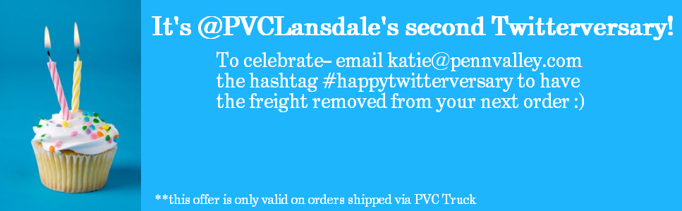 PVCLansdale's tweet photo. It's our second #Twitterversary! Celebrate with us with a special #hashtagpromo http://t.co/14la4rFqjk
