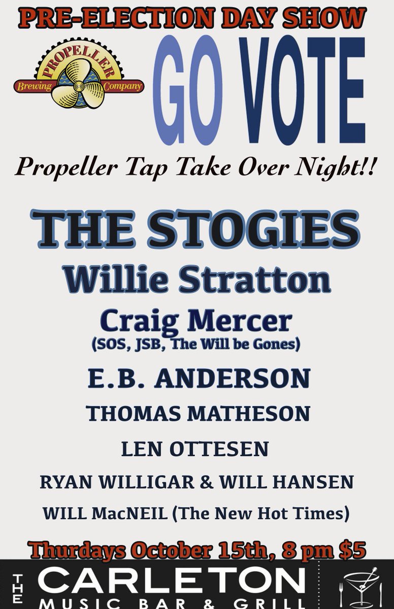 Pre-election day gig! <a href="/PropellerBeer/">Propeller Brewing Co</a> @lenottesen <a href="/williestratton/">Willie Stratton</a> <a href="/thedeadtenors/">The Dead Tenors</a> <a href="/EBAResolutes/">E.B. Anderson</a> <a href="/thestogies/">The Stogies</a> @Dalnews