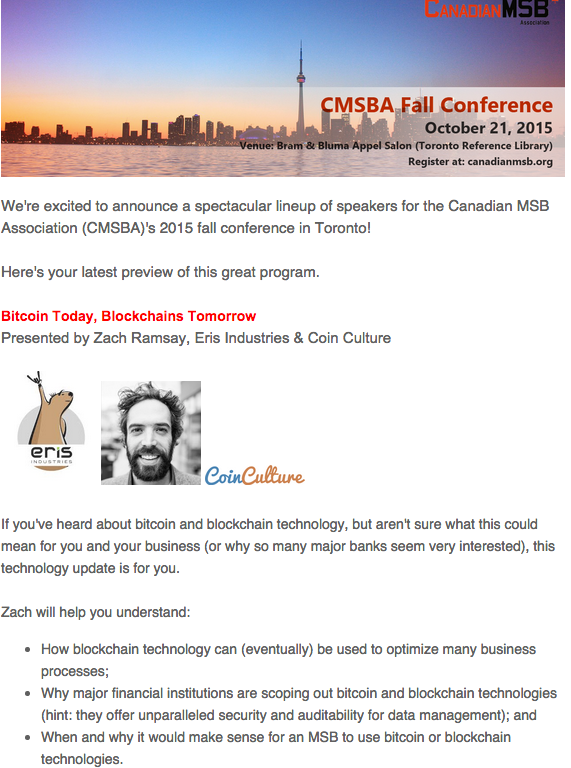 OutlierCanada's tweet photo. Looking forward to @cerebralbosons talk on bitcoin &amp; blockchains @CMSBA's on October 21st - http://t.co/7ZQxTpiL5d http://t.co/16O1CpQlYU