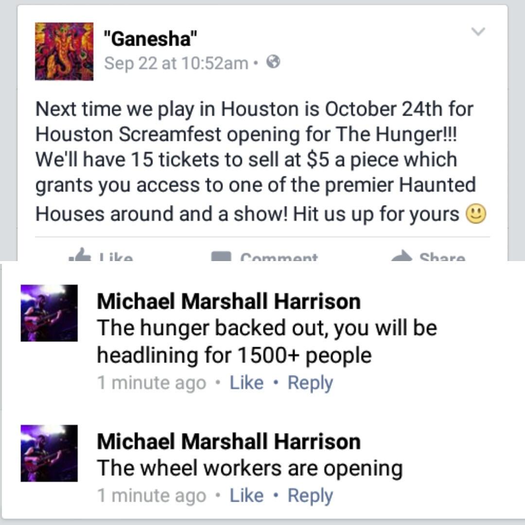 Our next Houston show is with <a href="/thewheelworkers/">The Wheel Workers</a> at Houston Scream Fest! The organizer sent us this message. See ya!