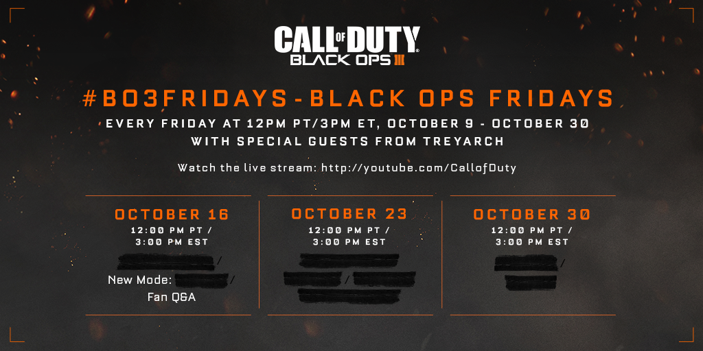CallofDuty's tweet photo. New #BlackOps3 mode incoming. Tune in on Friday to the #BO3Fridays livestream for the ███ ██ announcement &amp; more. http://t.co/po6s5xFEZL