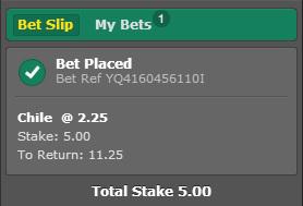 InterTipster's tweet image. Were back for more #bookiebashing 

£5 - £100 Challenge

Bet 1. Chile @ 2.25

Returns £11.25

#rollingacca #easymoney
