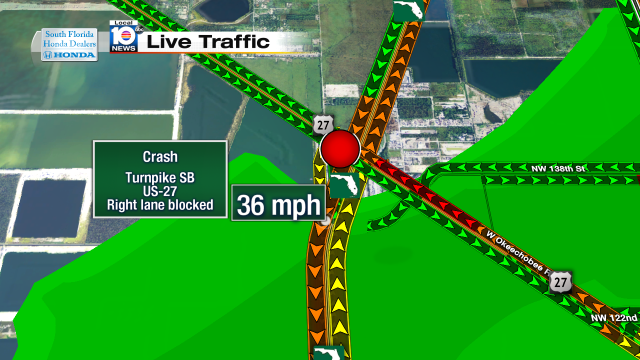 Crash on Turnpike NB at US-27. Speeds at 36mph #traffic #miami @JeniseFernandez http://t.co/4Qf8gW3QG0