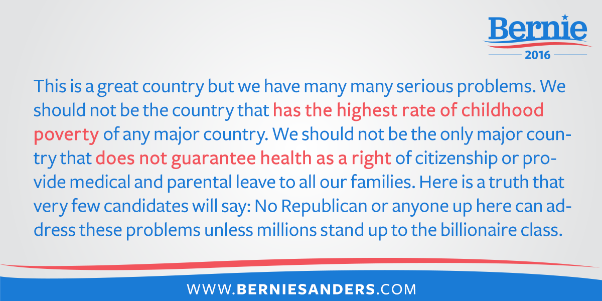 BernieSanders's tweet photo. No Republican or anyone up here can address these problems unless millions stand up to the billionaire class. http://t.co/eRxuo9cG2R