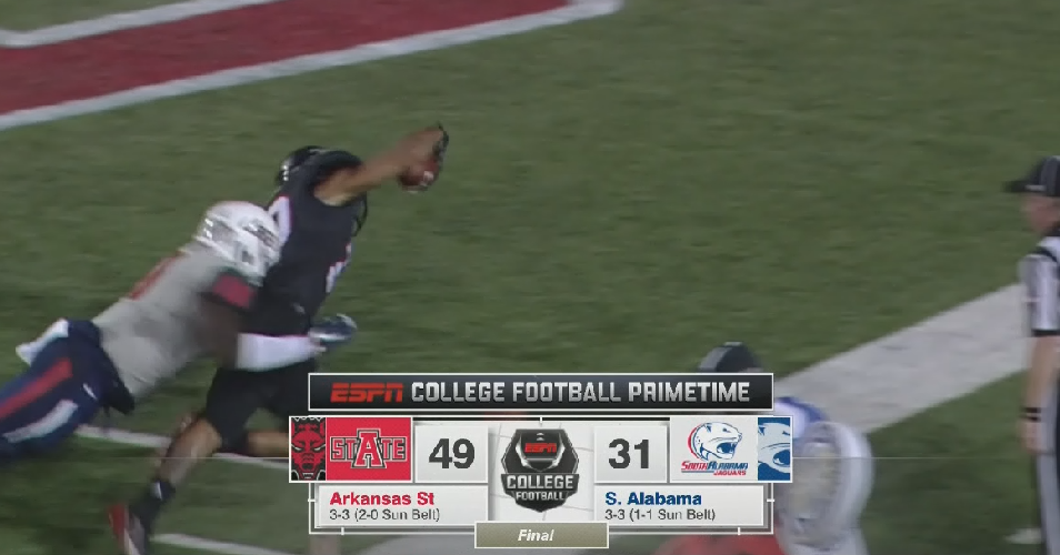 ESPNCFB's tweet photo. Arkansas State uses a 29-0 4th quarter run to come back and beat South Alabama. #ARSTvsUSA http://t.co/KuXpUCrH7N