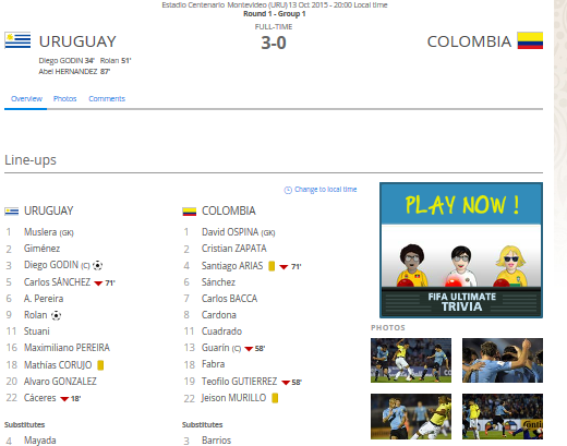 FIFAWorldCup's tweet photo. FT Uruguay 3-0 Colombia
Two second-half goals help the home side earn an impressive win #WCQ http://t.co/7ipu8XSBah http://t.co/MJIYpMmzzl