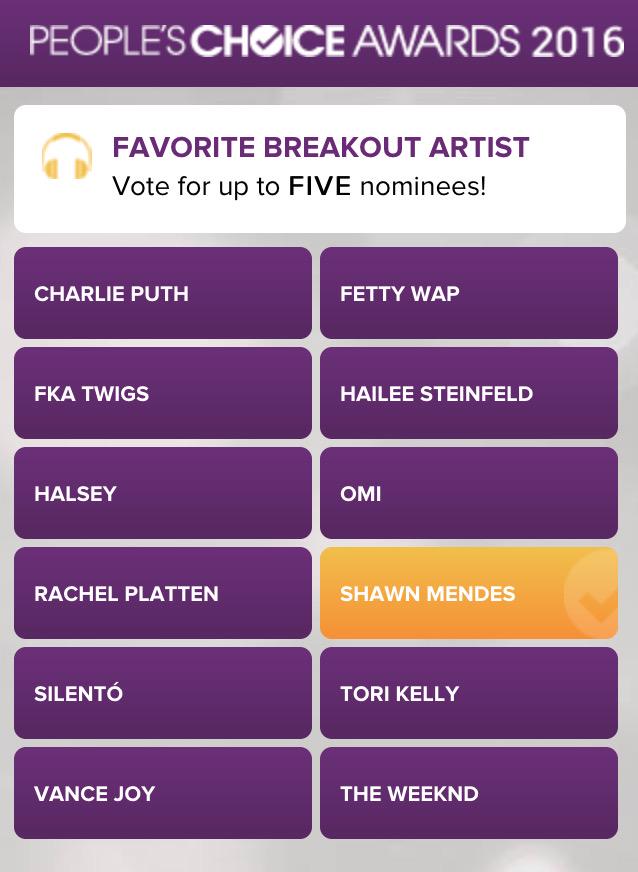 SMendesTour's tweet photo. Shawn's nominated for 3 awards (Favourite Breakout, Male &amp; Album) for 2016 PCA's! Vote now: http://t.co/8eHMpcltUr http://t.co/Jx3A0HBy9e