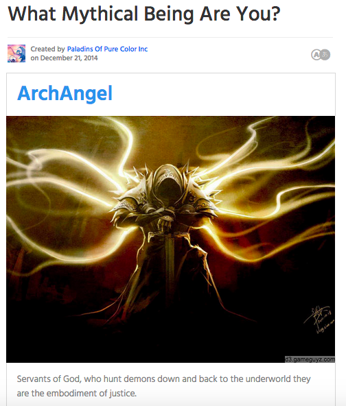 I got ArchAngel. 
I hunt demons + send them to the underworld. I'm the embodiment of justice. http://t