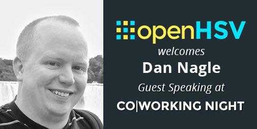 openHSV's tweet image. Come to @ALcomHuntsville building Wednesday, 6pm. @NagleCode, #dev expert, is speaking at CO|WORKING night. #openHSV