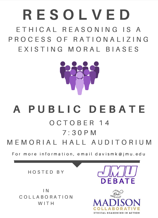 JMU8KQ's tweet image. @JMUDebate and @JMUSCOM, looking forward to the debate tonight! #EthicalReasoning #8KQ