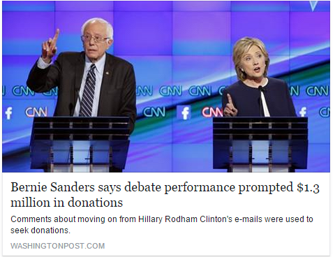 BernieBuddyApp's tweet image. Bernie's campaign raises $1.3 million in the 4 hours after the debate started. #FeelTheBern washingtonpost.com/news/post-poli…