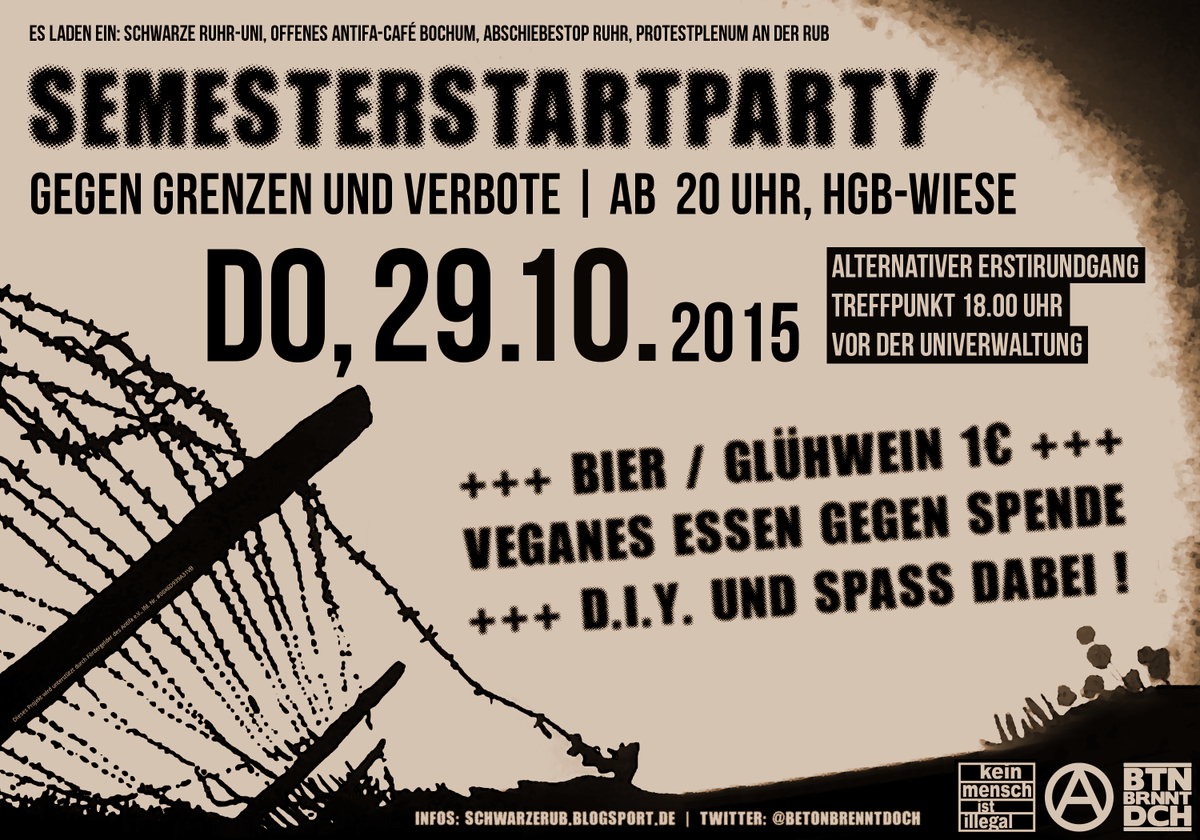 BetonBrenntDoch's tweet photo. Alternative Semesterstartparty feat. Schwarze Ruhr-Uni, @oacbo und @abschiebestop am 29. Okt auf der Wiese vor HGB http://t.co/FulZsXGHOj