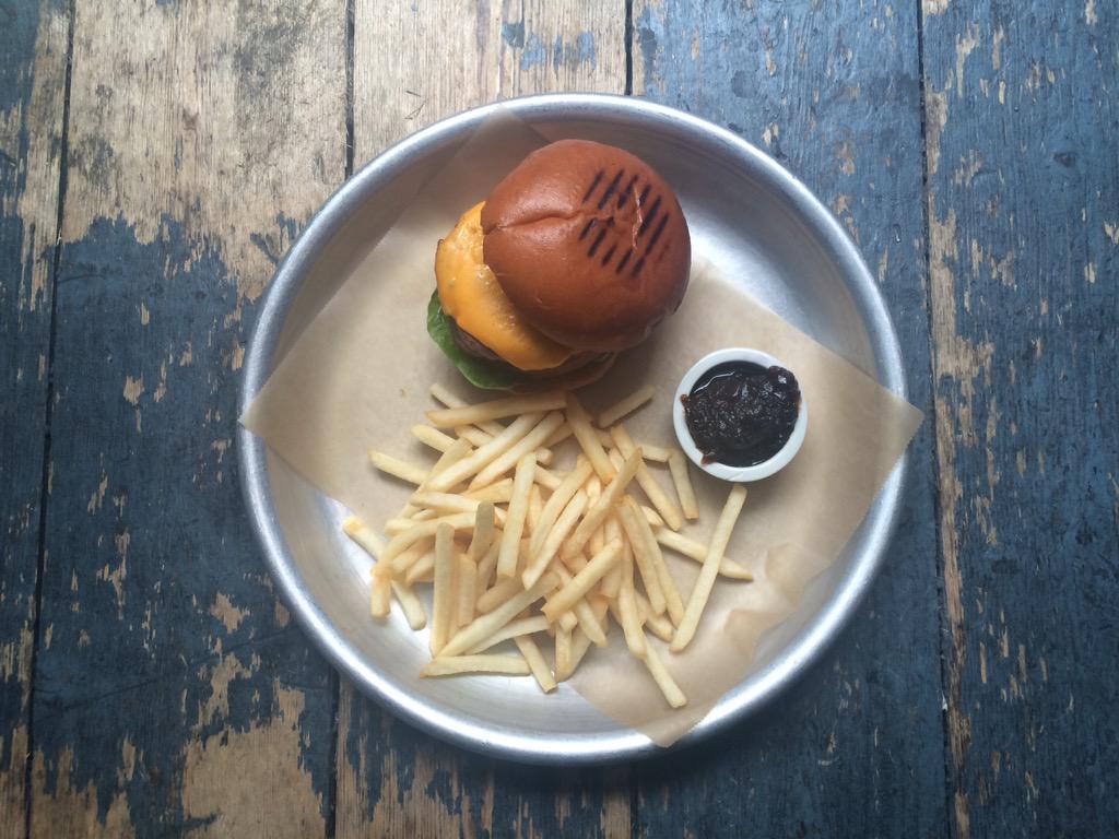 This Friday lunch deal: English rose veal &amp; ground bacon 50/50 burger, chips &amp; drink £5. 50 to sell, eat in only