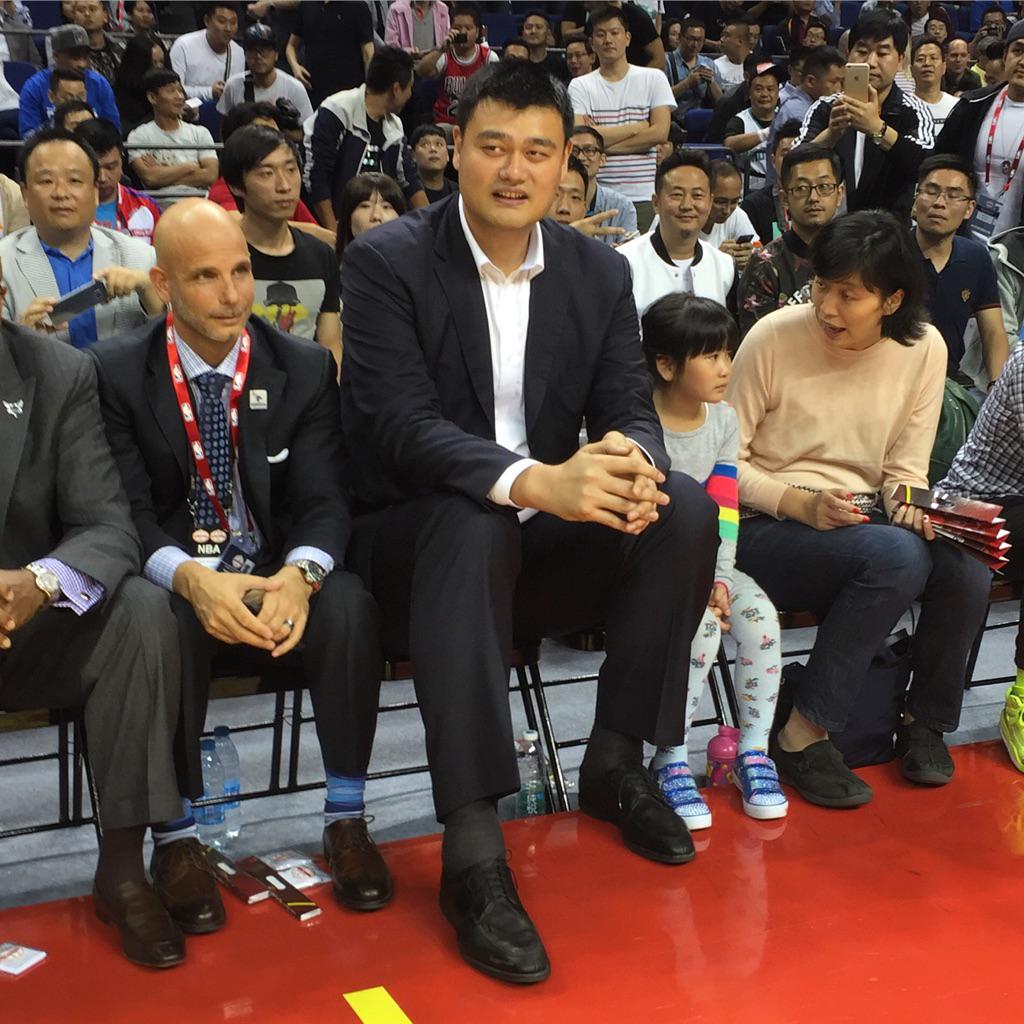 NBA's tweet photo. Yao Ming courtside at the #NBAGlobalGames in Shanghai! http://t.co/Oidme6npWF