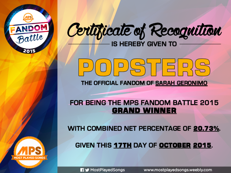 MostPlayedSongs's tweet photo. CERTIFICATE OF RECOGNITION for #Popsters being #MPSFandomBattle2015 GRAND WINNER! #MPSFandomBattle2015AwardsNight http://t.co/SgBDuSCuRC