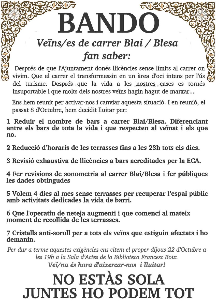 Exigències de mínims del veïnat afectat de #CarrerBlai, demanen ajuda per fer difusió!