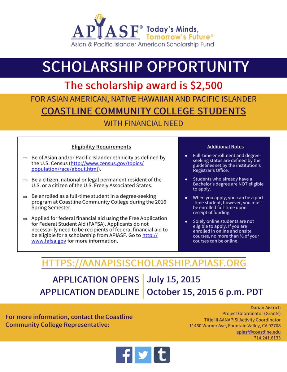 scholarship_now's tweet image. As CoastlineInOC says: Tomorrow is the deadline to submit your app for the APIASF #Scholarship. #Apply #APIASF #CC…