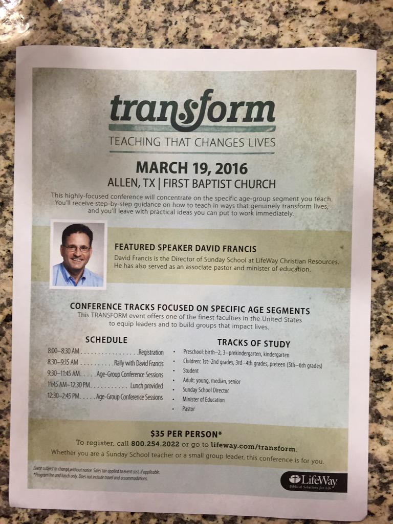 More about Transform 2016 <a href="/LifeWay/">Lifeway</a> <a href="/CollinBaptist/">Collin Baptist Assoc</a> <a href="/FBCAllen/">First Baptist Allen</a> <a href="/fbcmckinney/">fbcmckinney</a> @FBCFrisco