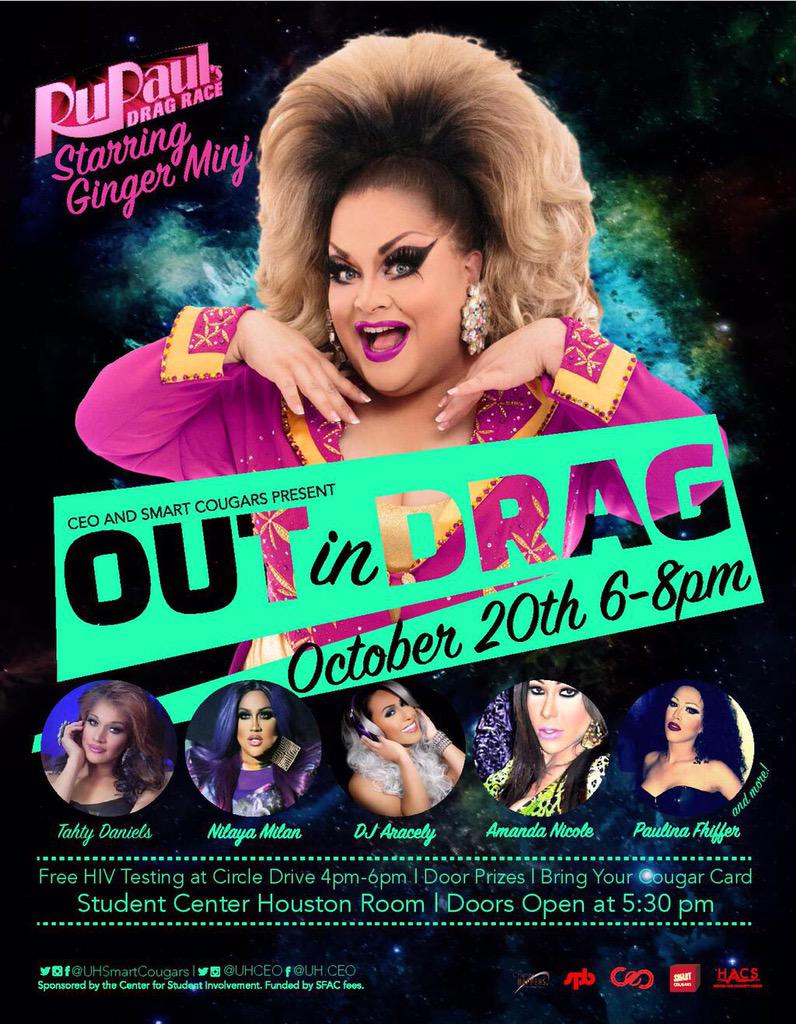 UHSmartCougars's tweet photo. Who's ready for #OUTinDrag. Oct 20th 6pm. Free admission and free HIV testing available. #uh #giving #Houston #drag http://t.co/N5LTPQFXwj