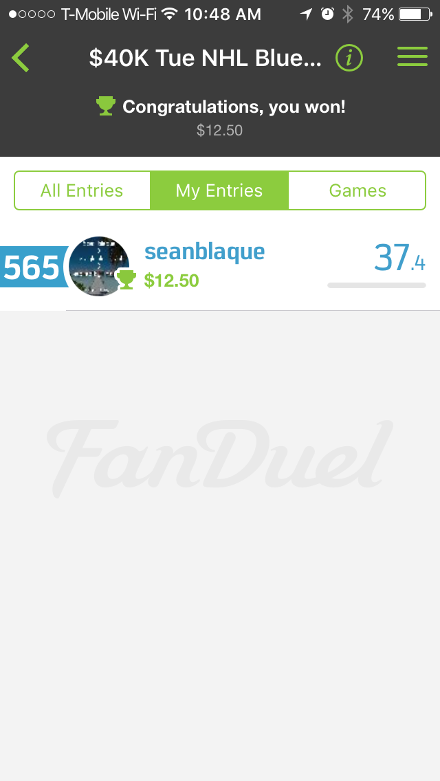 _SeanBlaque's tweet photo. S/O to @dfsnerd I used the #NHL #LineupOptimizer and #Cashed in a $5 #gpp. Running it again tonight. http://t.co/TonmVzfsGM