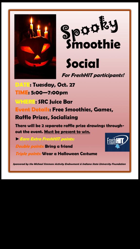 Fresh HIT Spooky Smoothie Social 👻🎃
Tuesday, Oct. 27 5-7pm at the SRC Juice Bar!