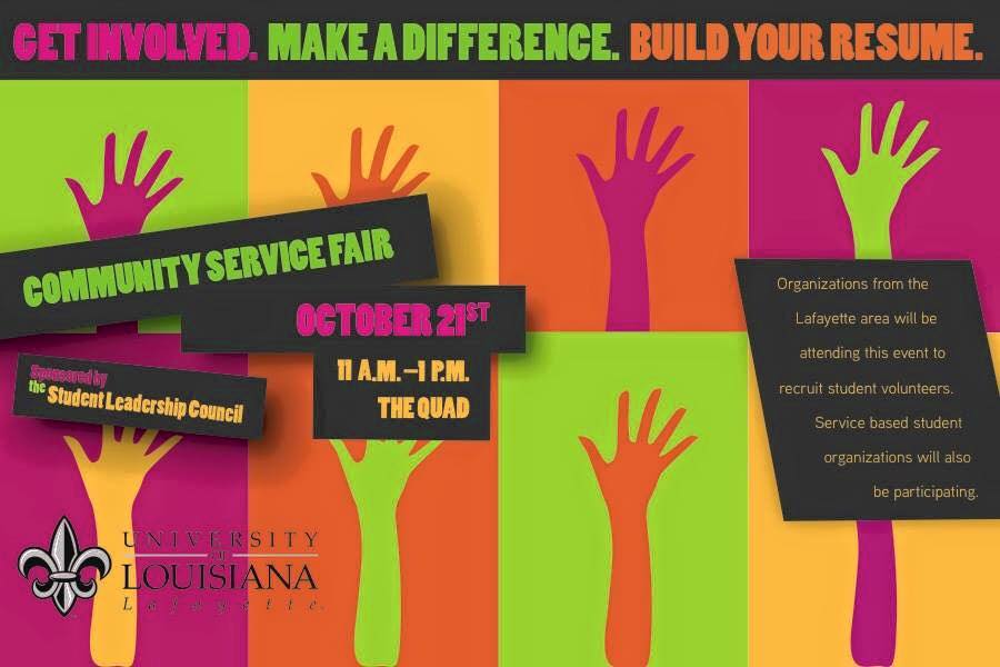 ULFirstYear's tweet photo. Check out the first @ULLafayette #CommunityServiceFair one week from today in the Quad! http://t.co/ig6U6b5WXW